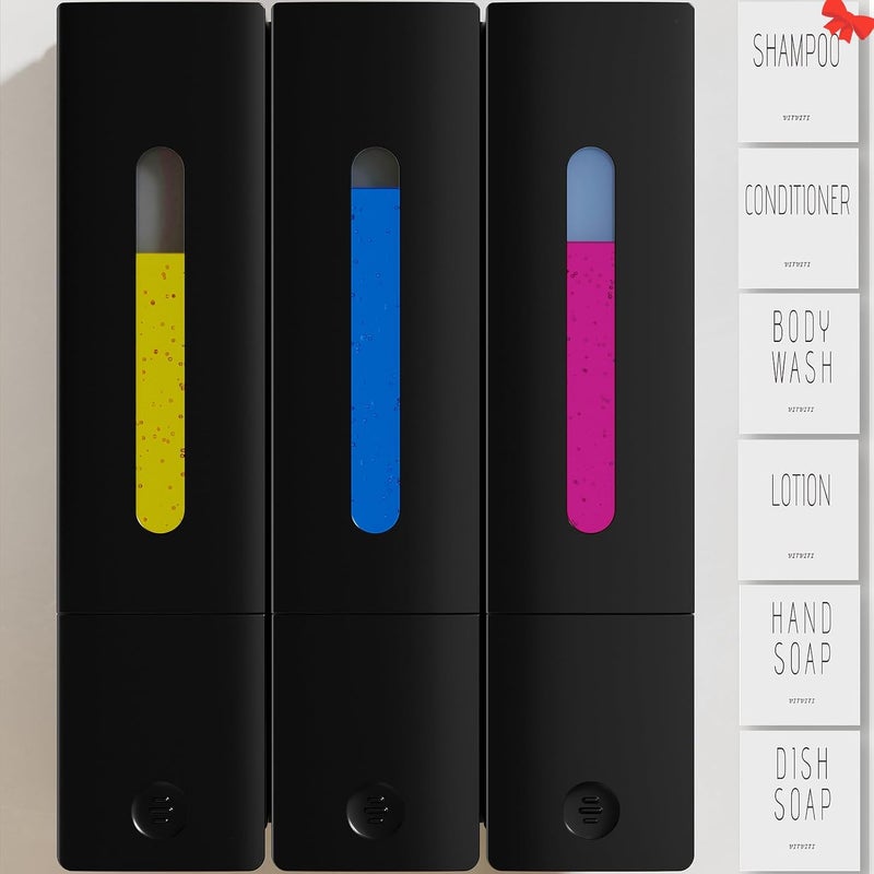 VITVITI Shampoo and Conditioner Dispenser for Shower, Refillable Shower Soap Dispensers 3 Chamber Wall Mounted, 10.2 OZ No Drill Plastic Shower/Body Wash Bottles for Bathroom (Black) - Image 1